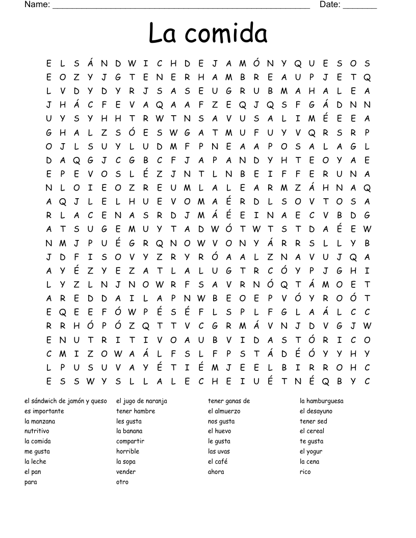 La comida  Word Search
