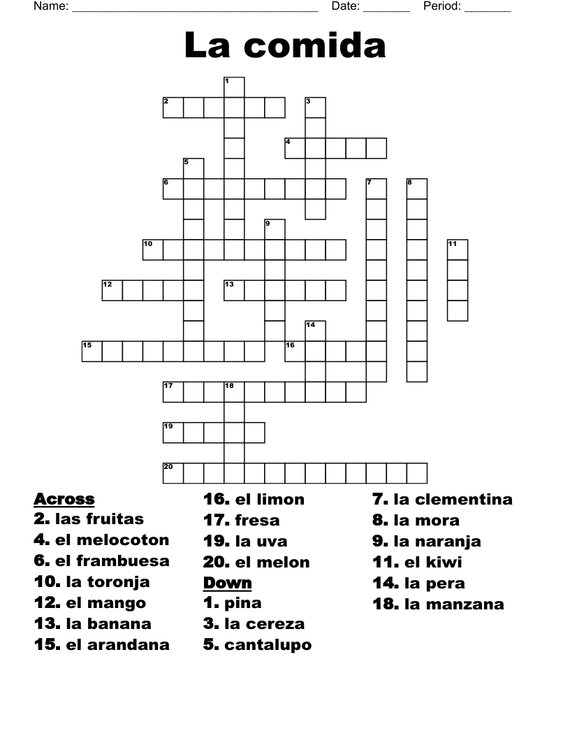 La comida  Crossword