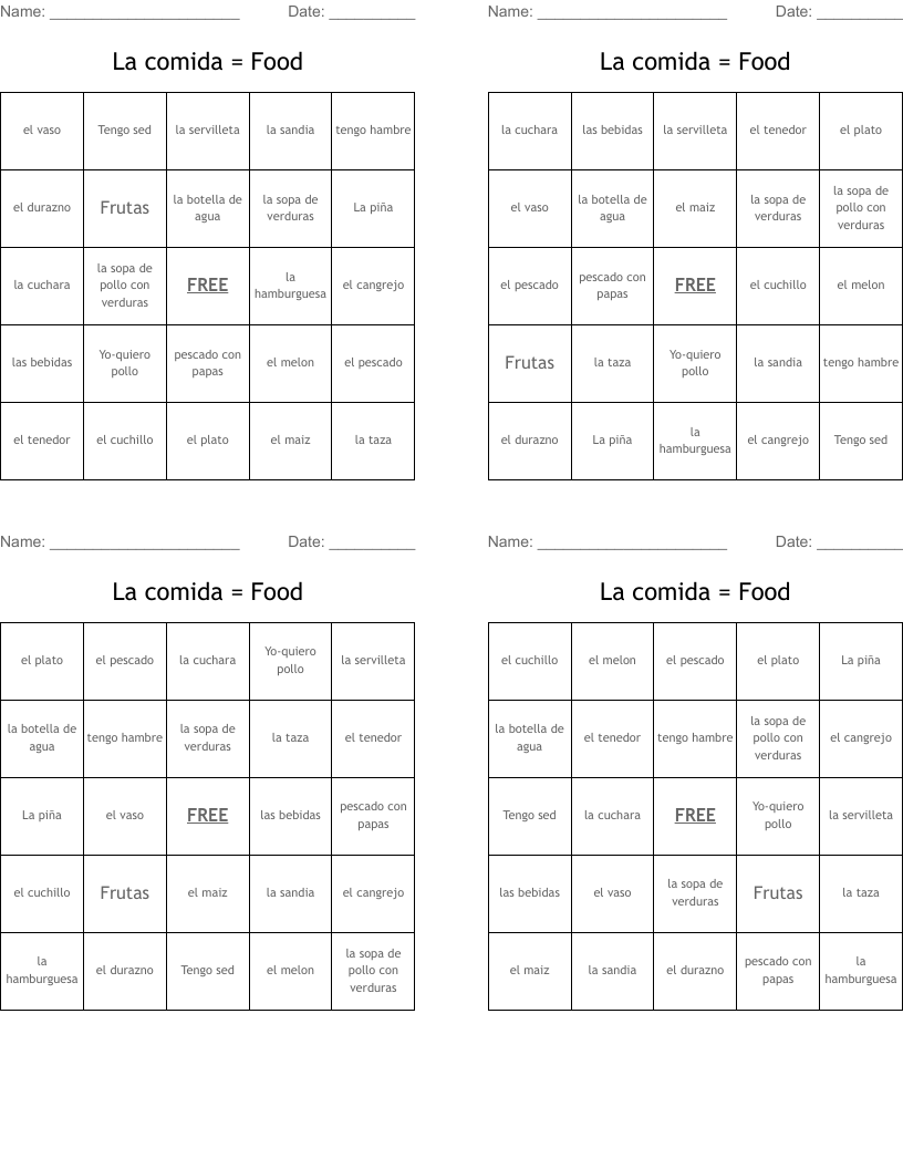 La comida = Food Bingo Cards