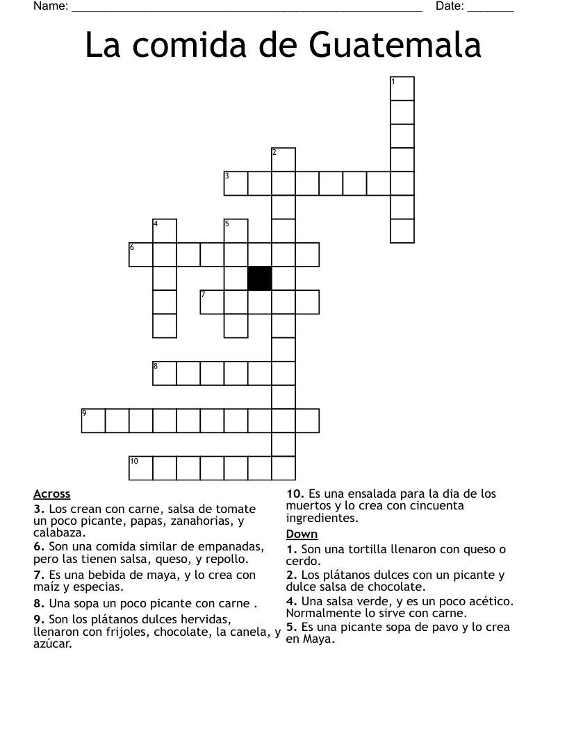 La comida de Guatemala Crossword