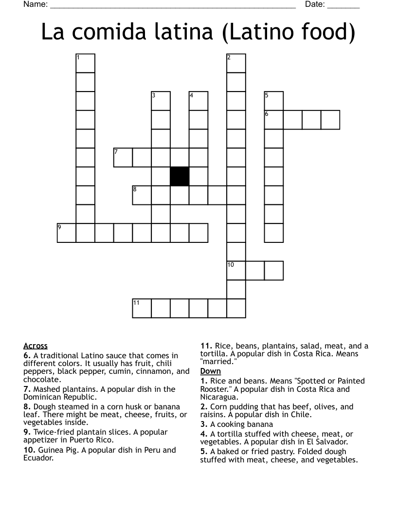 La comida latina (Latino food) Crossword
