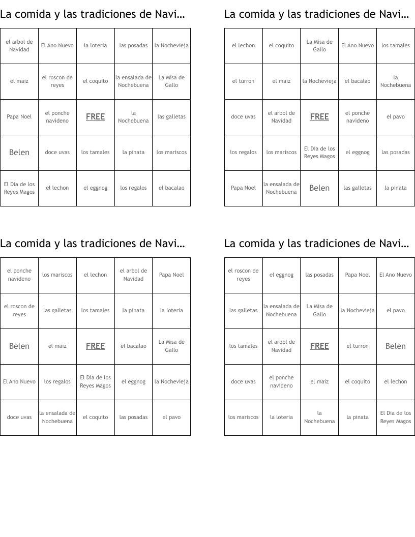 La comida y las tradiciones de Navidad  Bingo Cards