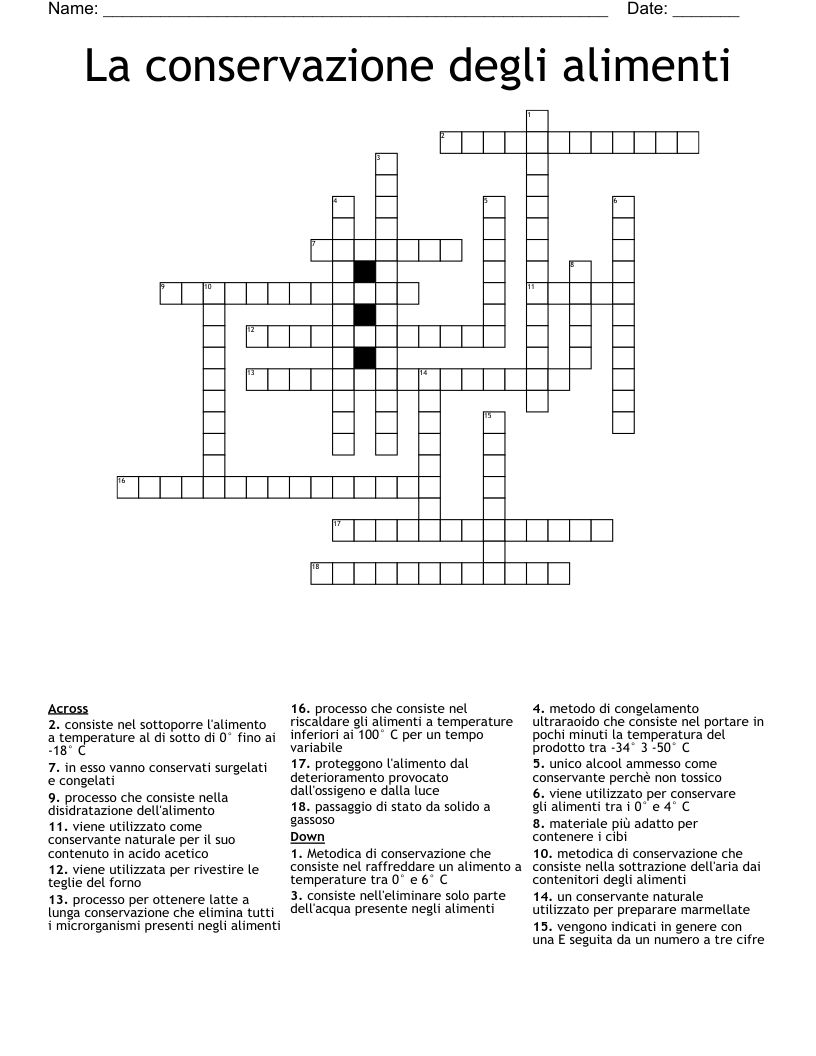 La conservazione degli alimenti Crossword