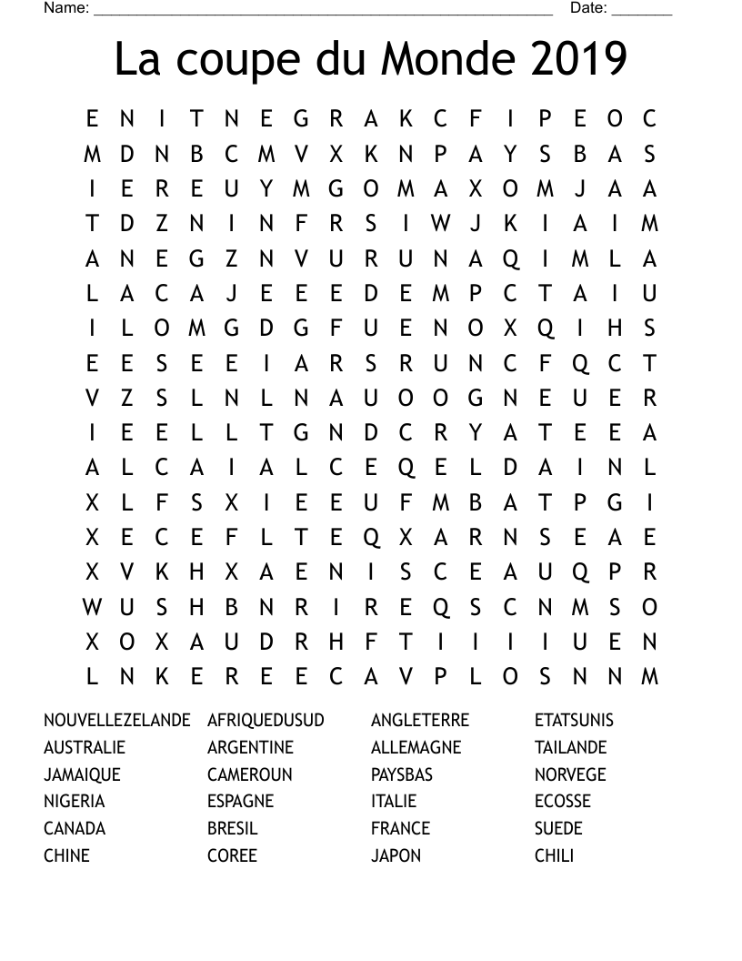 La coupe du Monde 2019 Word Search