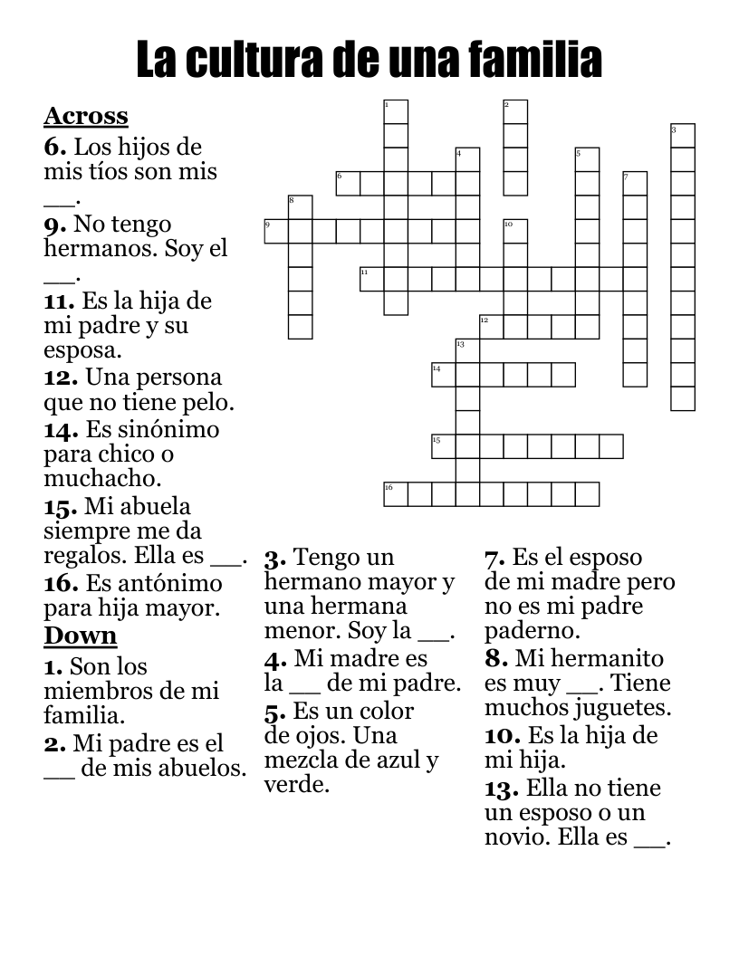 La cultura de una familia Crossword