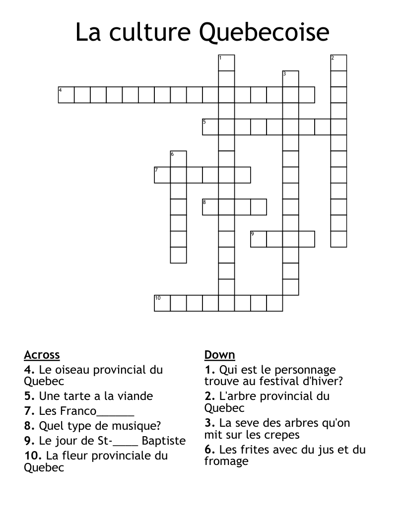 La culture Quebecoise Crossword