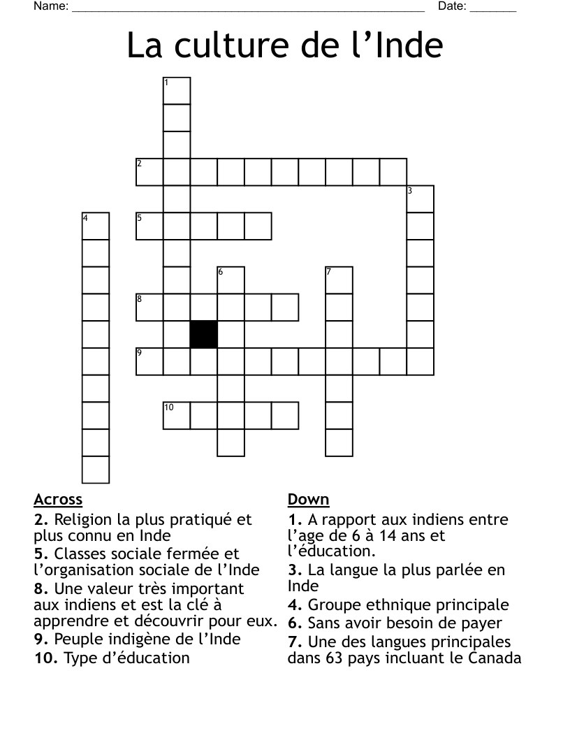 La culture de l’Inde Crossword