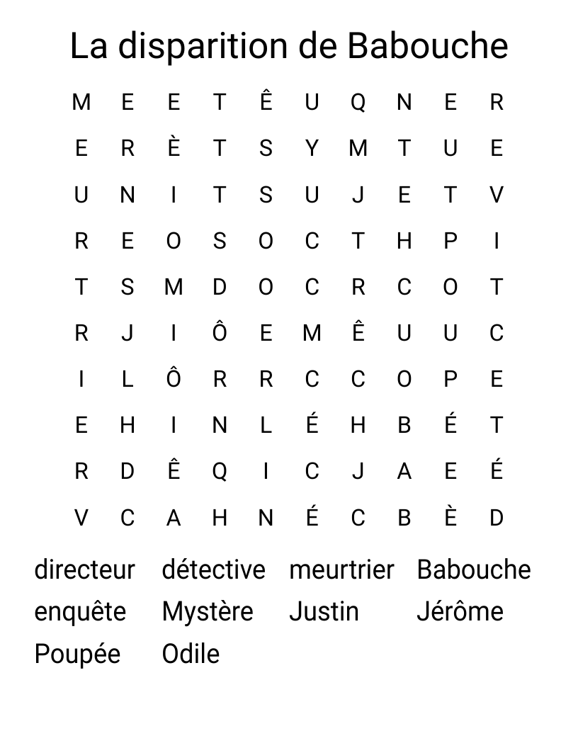 La disparition de Babouche Word Search
