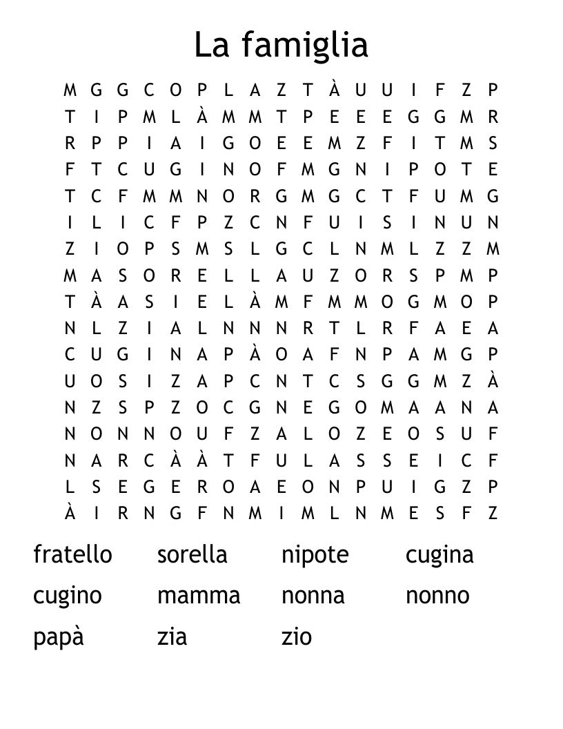 La famiglia Word Search