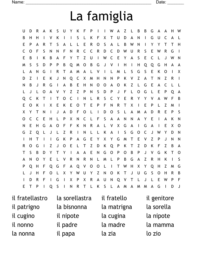 La famiglia Word Search