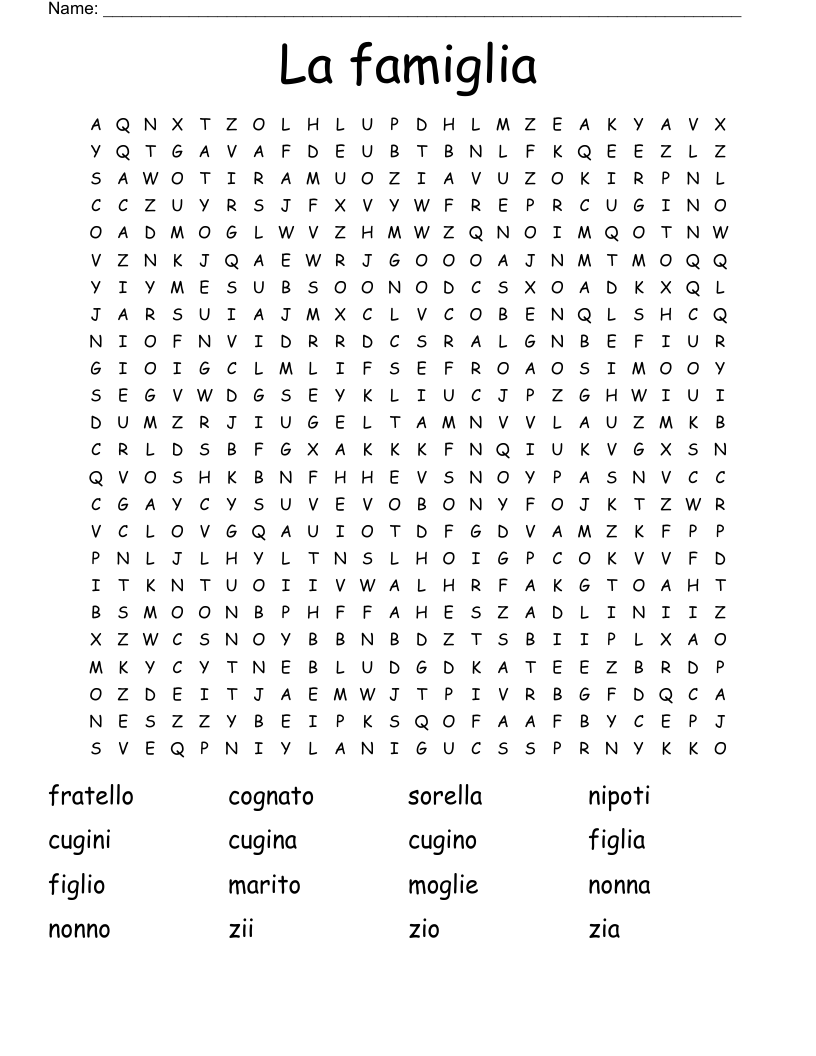 La famiglia Word Search