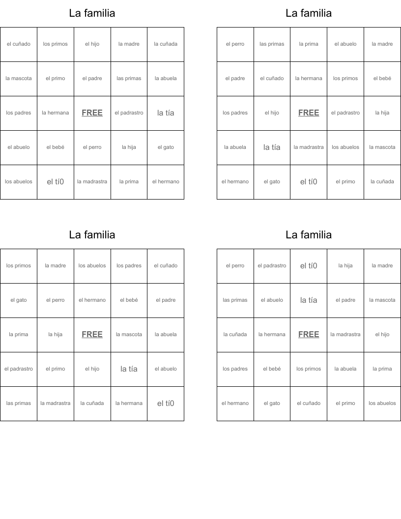 La familia Bingo Cards