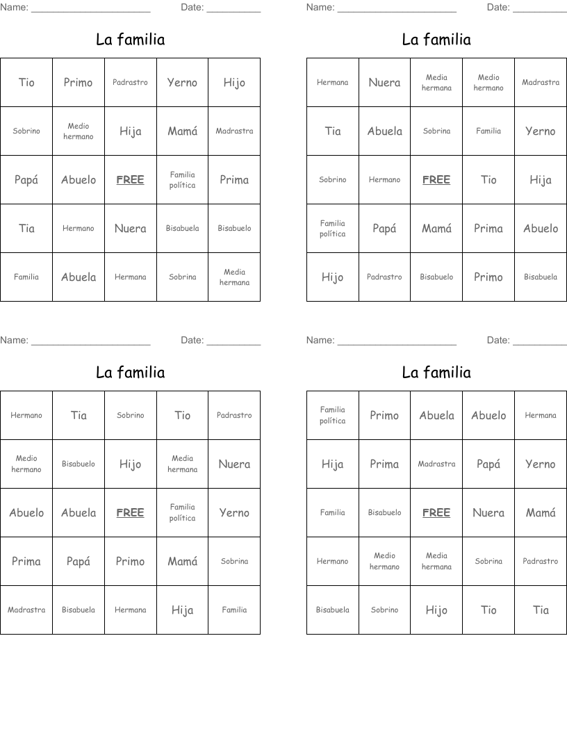 La familia Bingo Cards