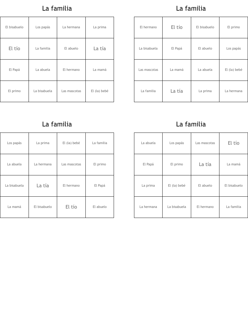 La familia  Bingo Cards