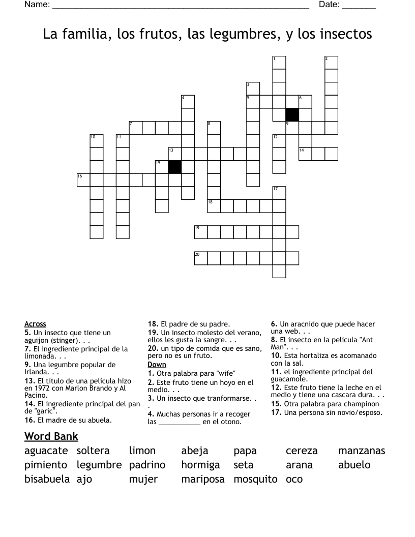 La familia, los frutos, las legumbres, y los insectos Crossword