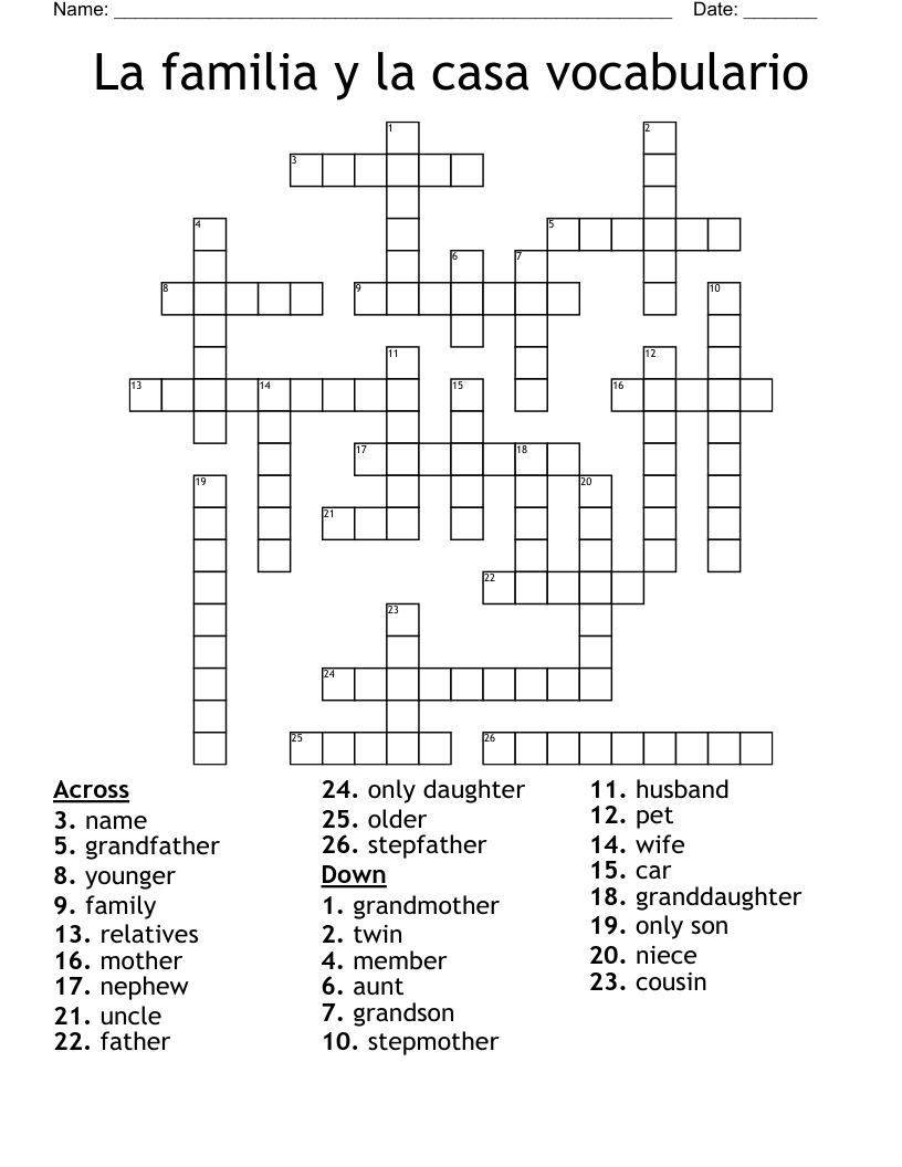 La familia y la casa vocabulario Crossword