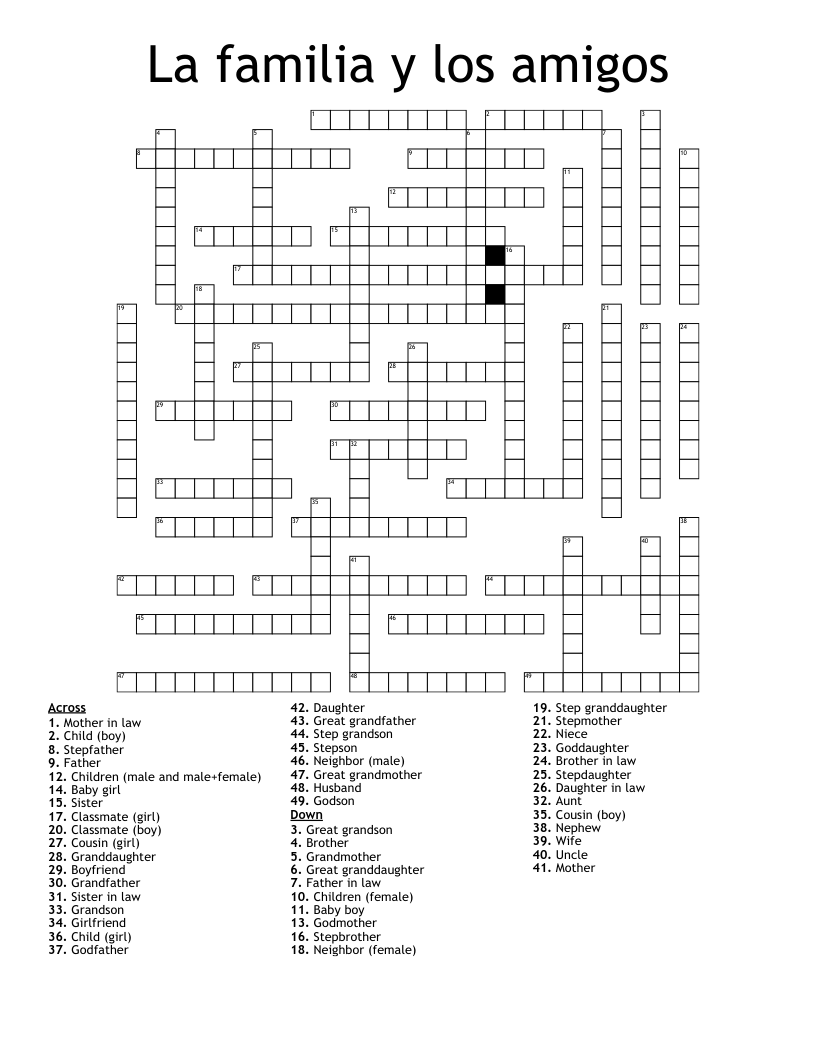 La familia y los amigos Crossword