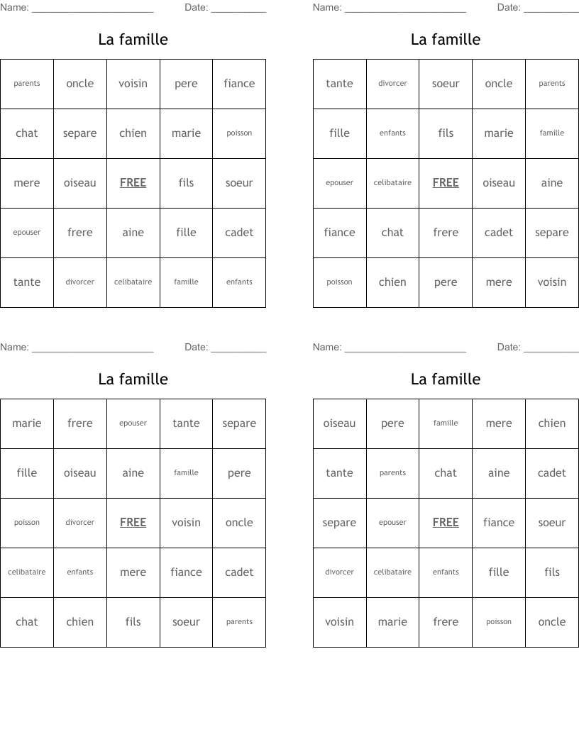 La famille Bingo Cards