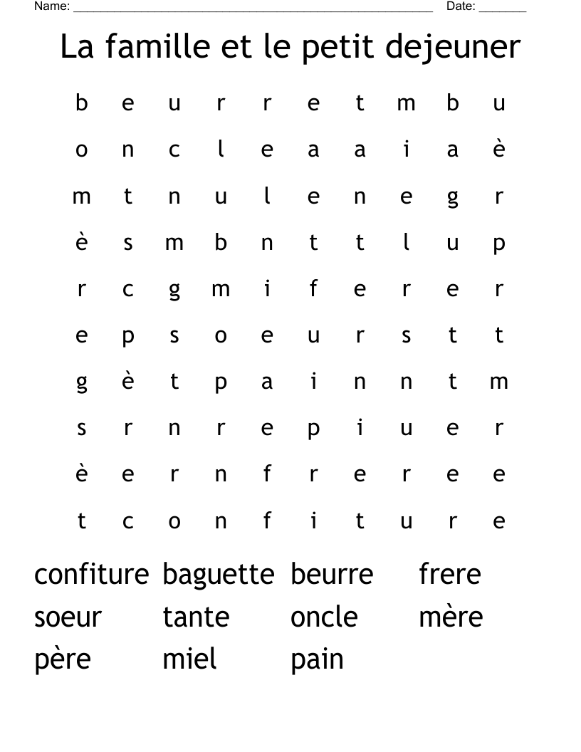 La famille et le petit dejeuner Word Search