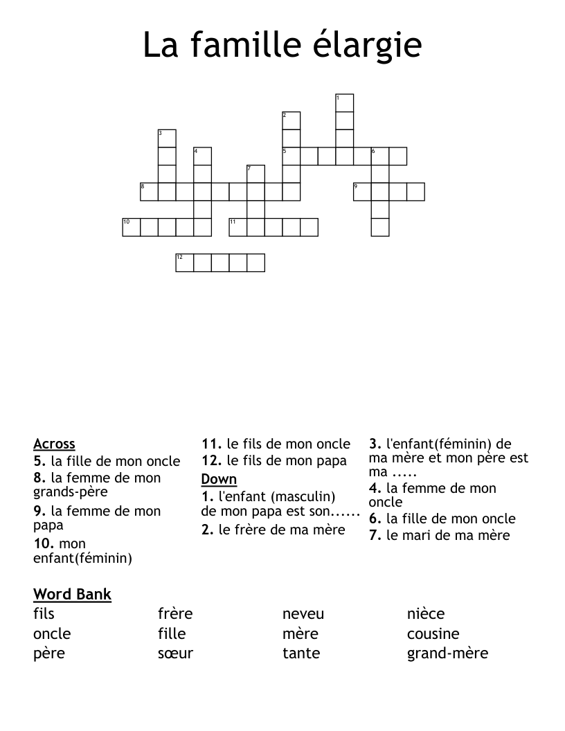 La famille élargie Crossword