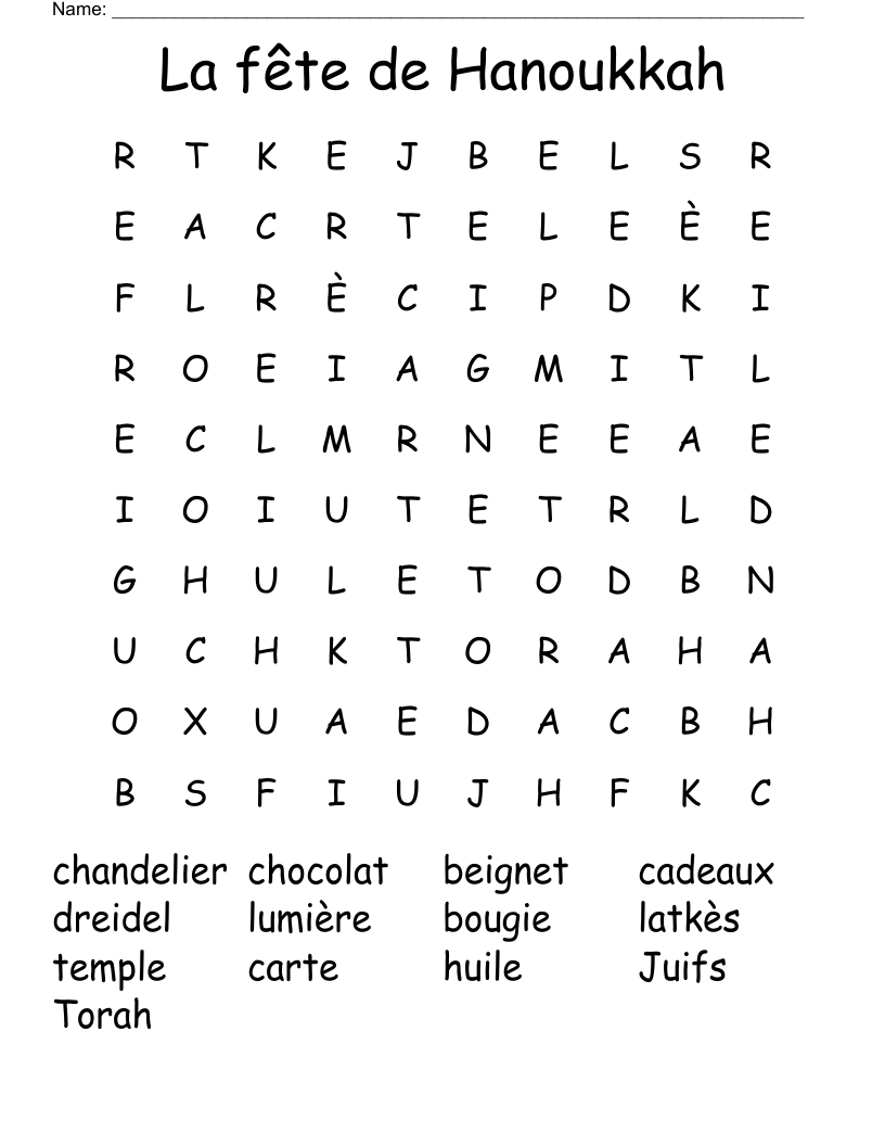 La fête de Hanoukkah Word Search