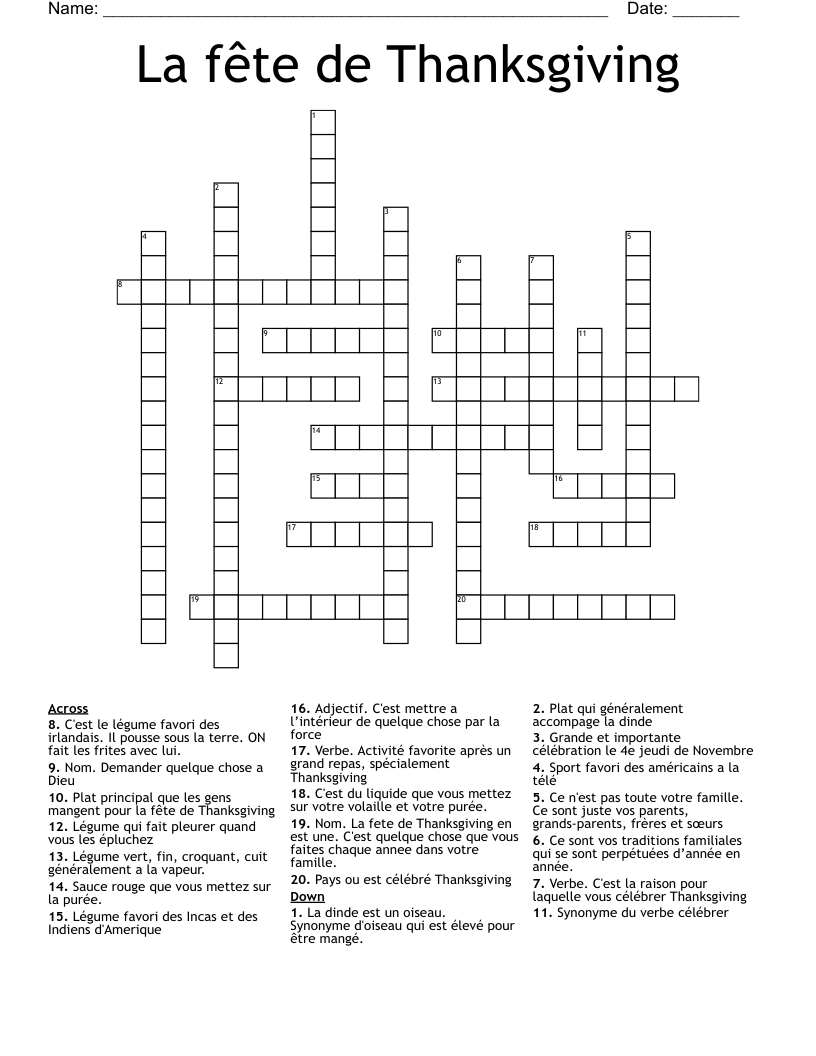 La fête de Thanksgiving Crossword