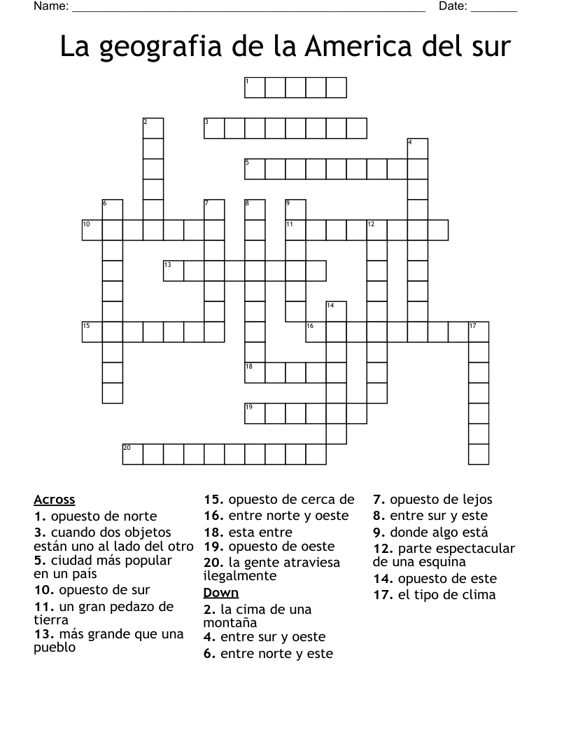 La geografia de la America del sur Crossword