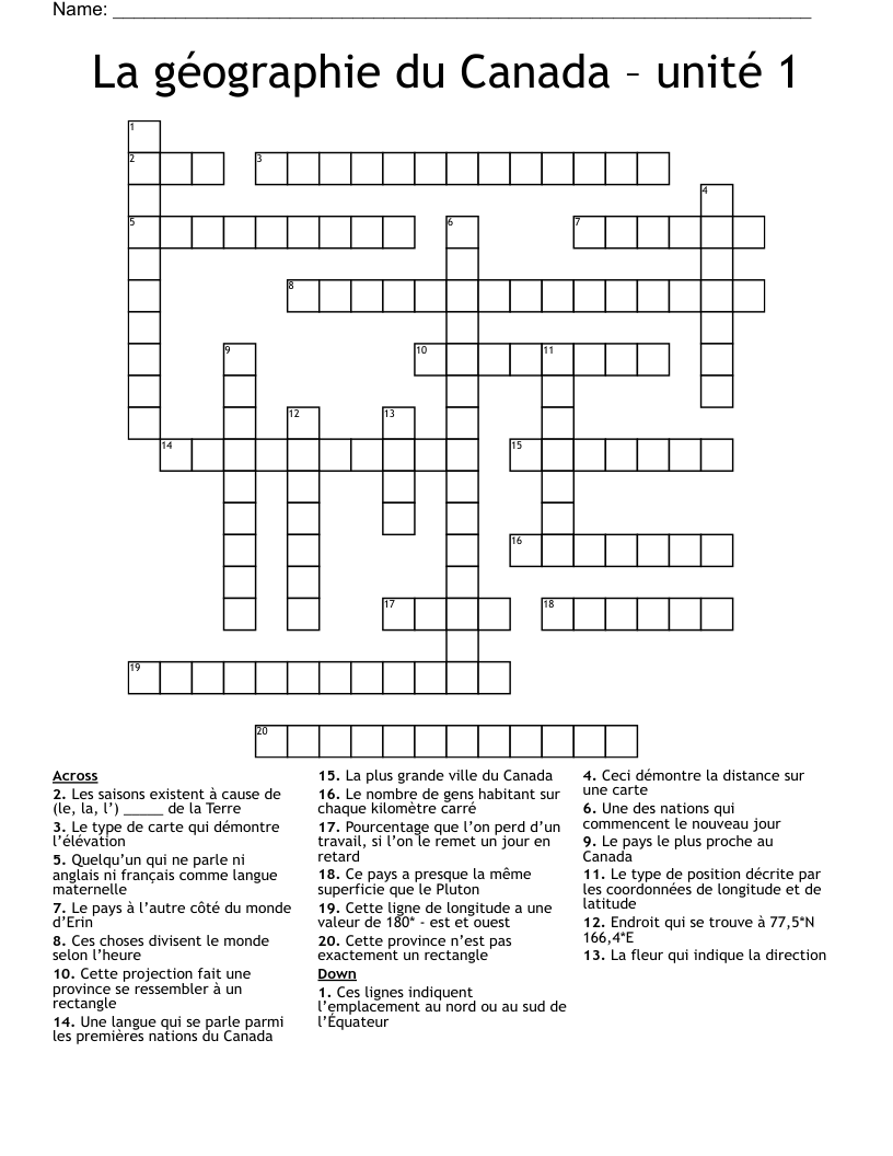 La géographie du Canada – unité 1 Crossword