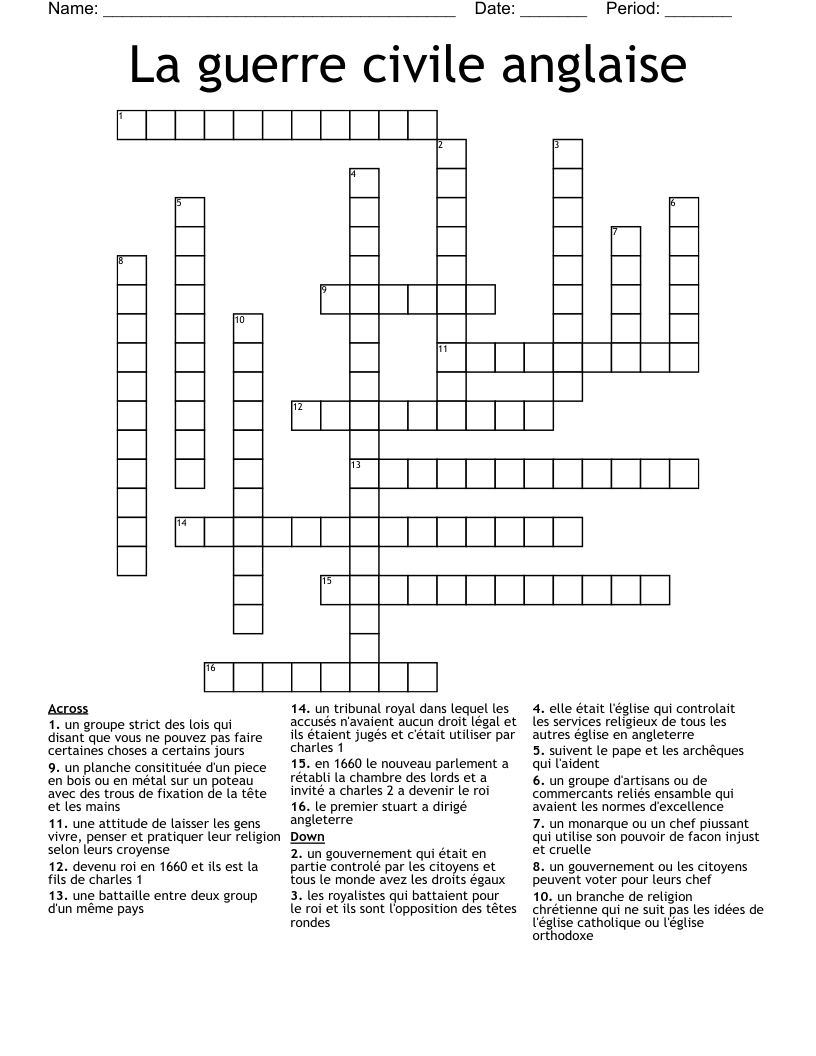 La guerre civile anglaise Crossword