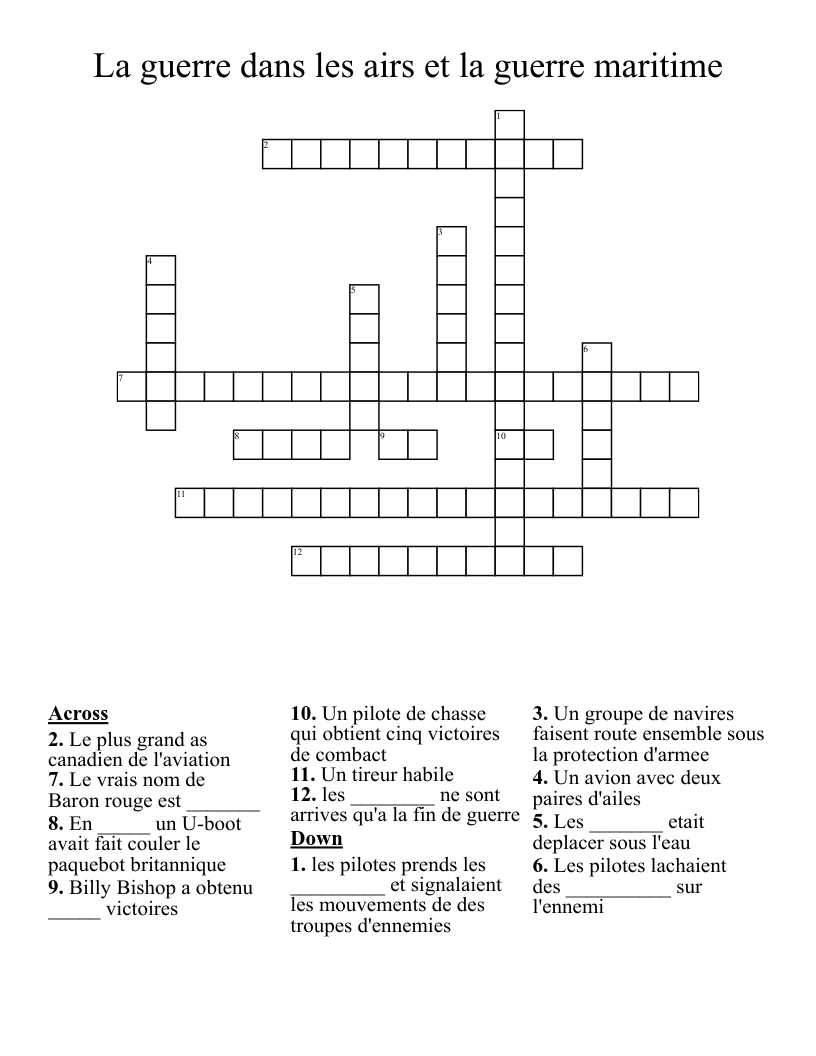 La guerre dans les airs et la guerre maritime   Crossword