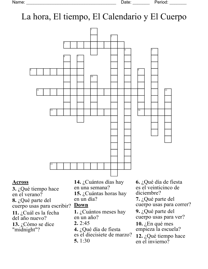 La hora, El tiempo, El Calendario y El Cuerpo Crossword