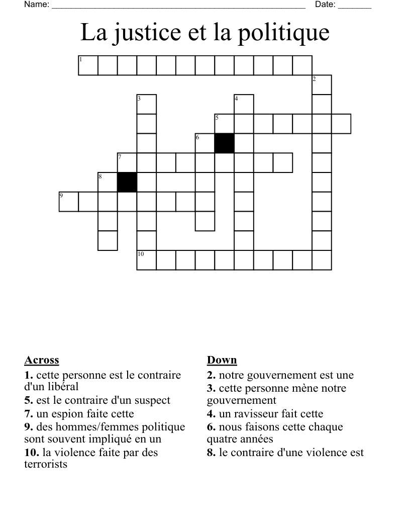 La justice et la politique Crossword