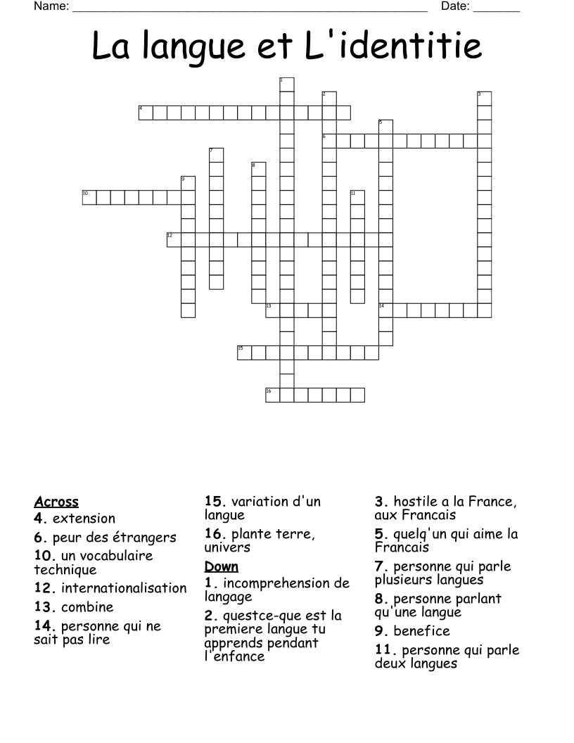 La langue et L'identitie  Crossword