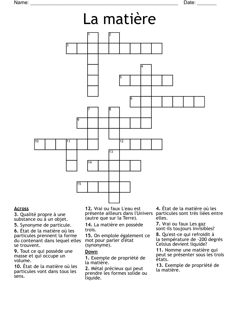 La matière Crossword