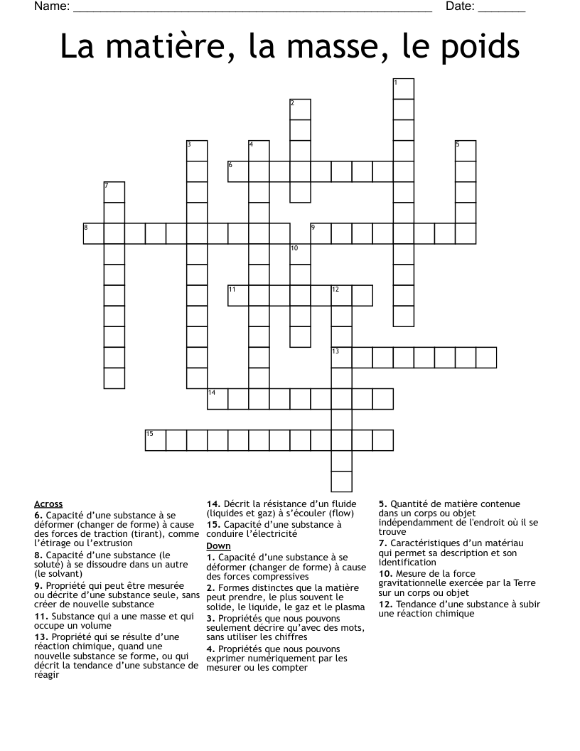 La matière, la masse, le poids Crossword