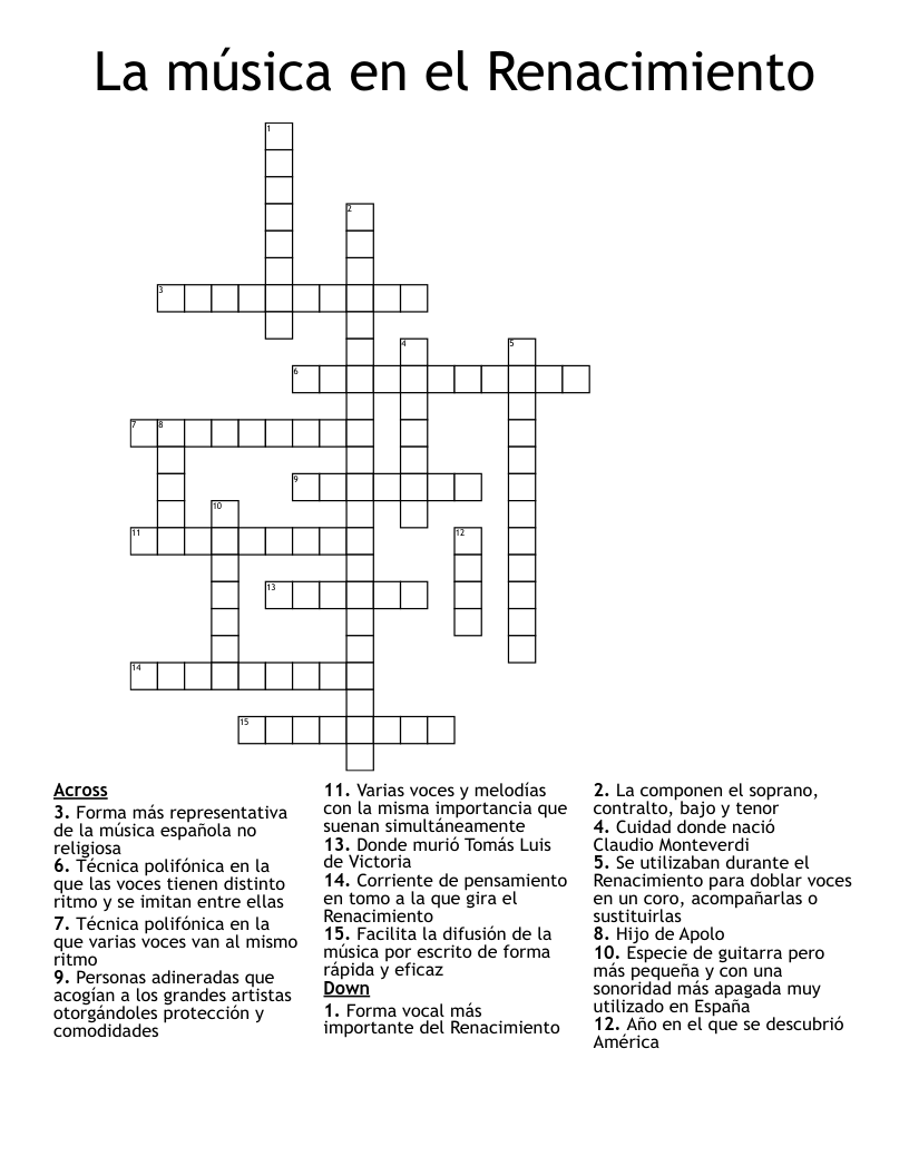 La música en el Renacimiento Crossword
