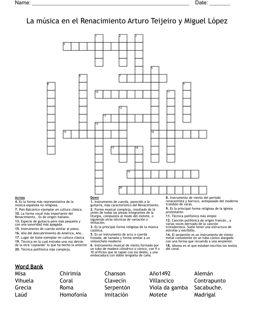 La música en el Renacimiento Arturo Teijeiro y Miguel López Crossword