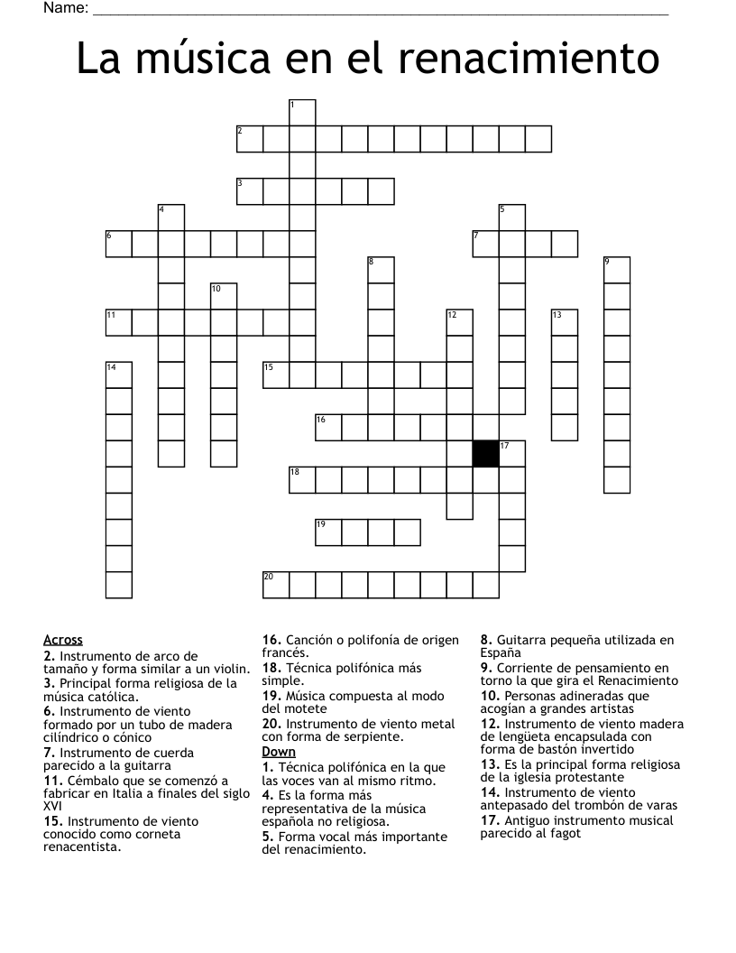 La música en el renacimiento Crossword