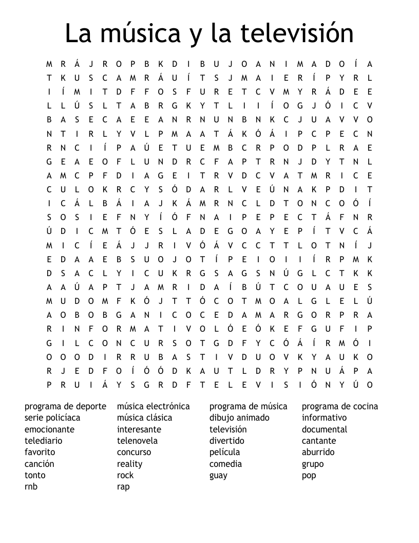 La música y la televisión Word Search