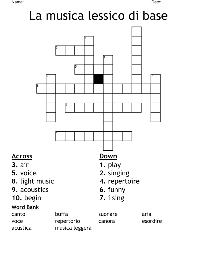 La musica lessico di base Crossword