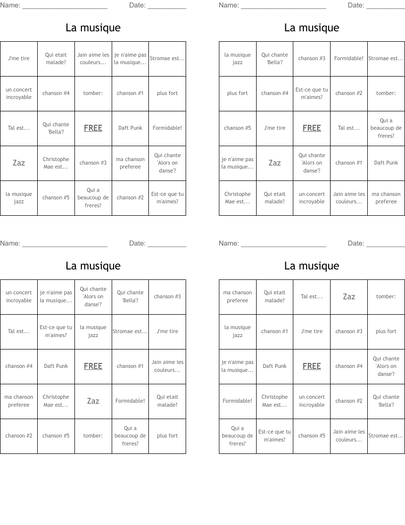 La musique Bingo Cards