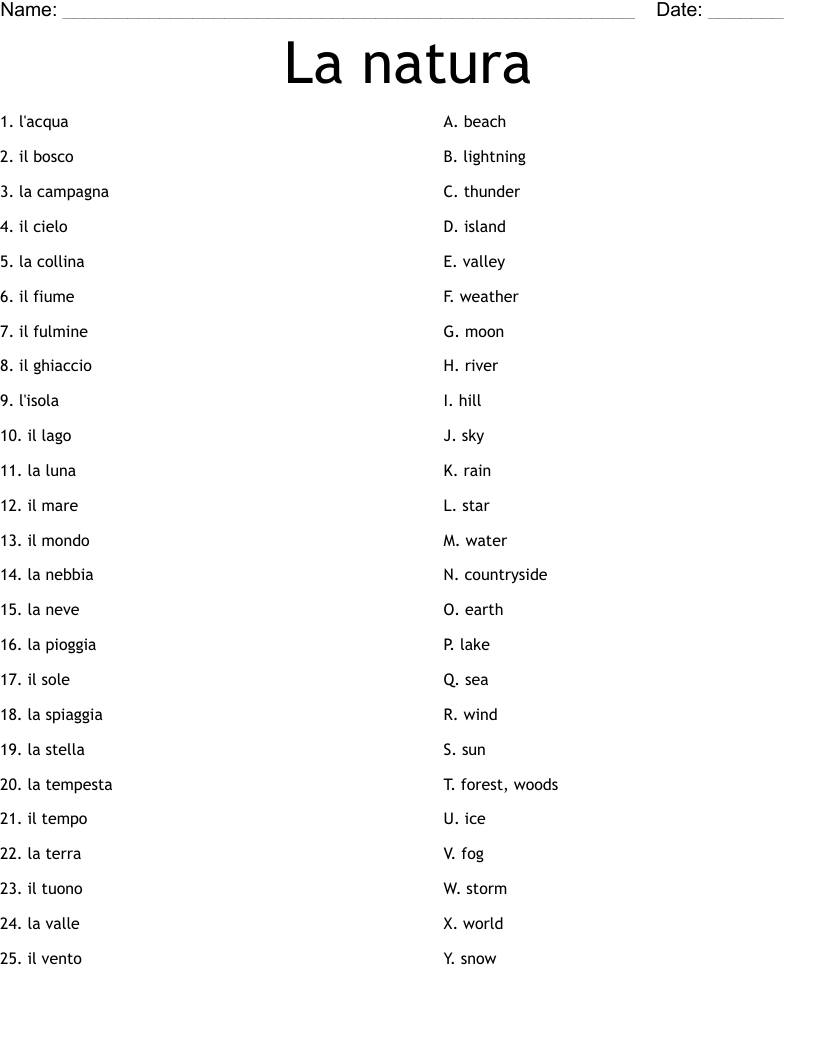 La natura Worksheet