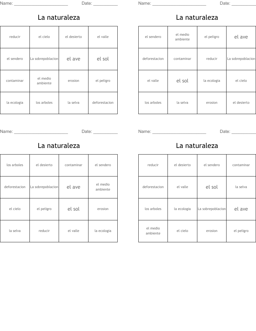 La naturaleza Bingo Cards