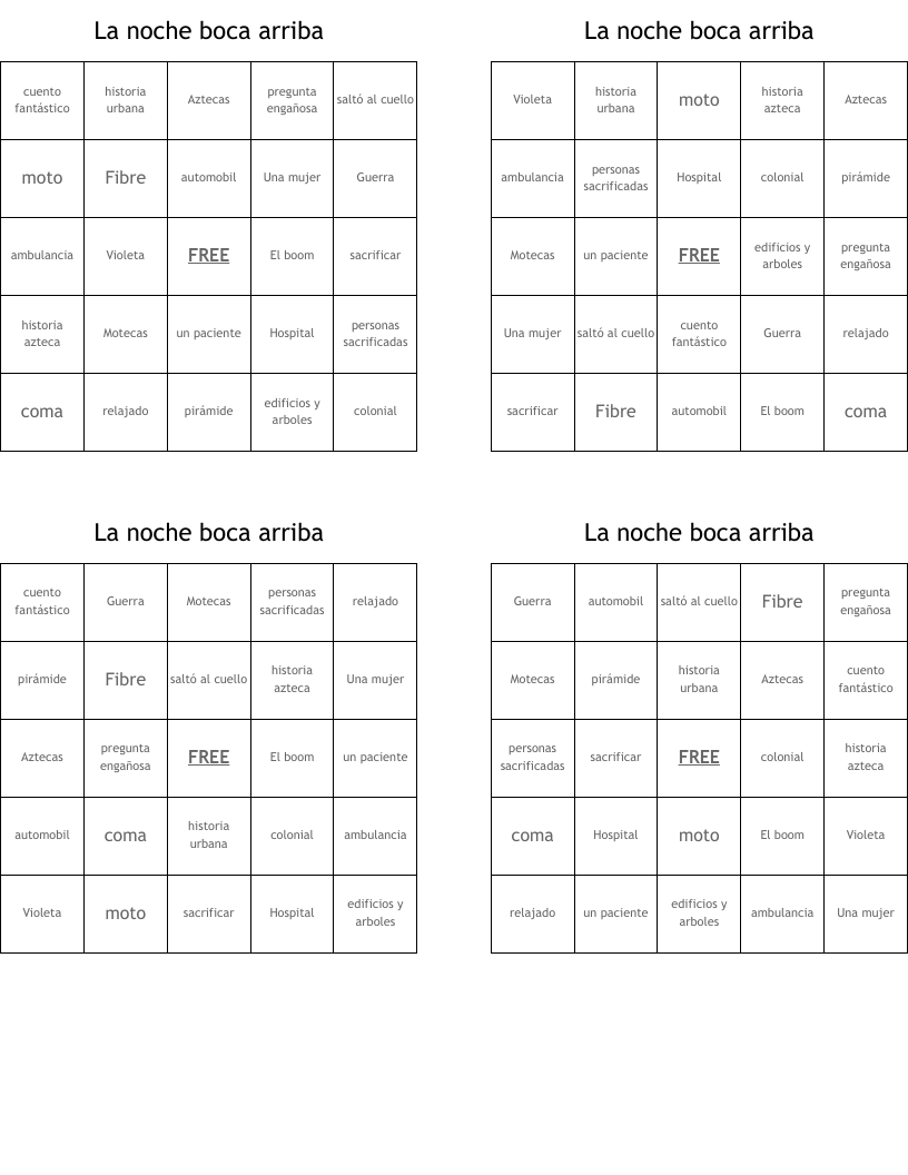 La noche boca arriba Bingo Cards