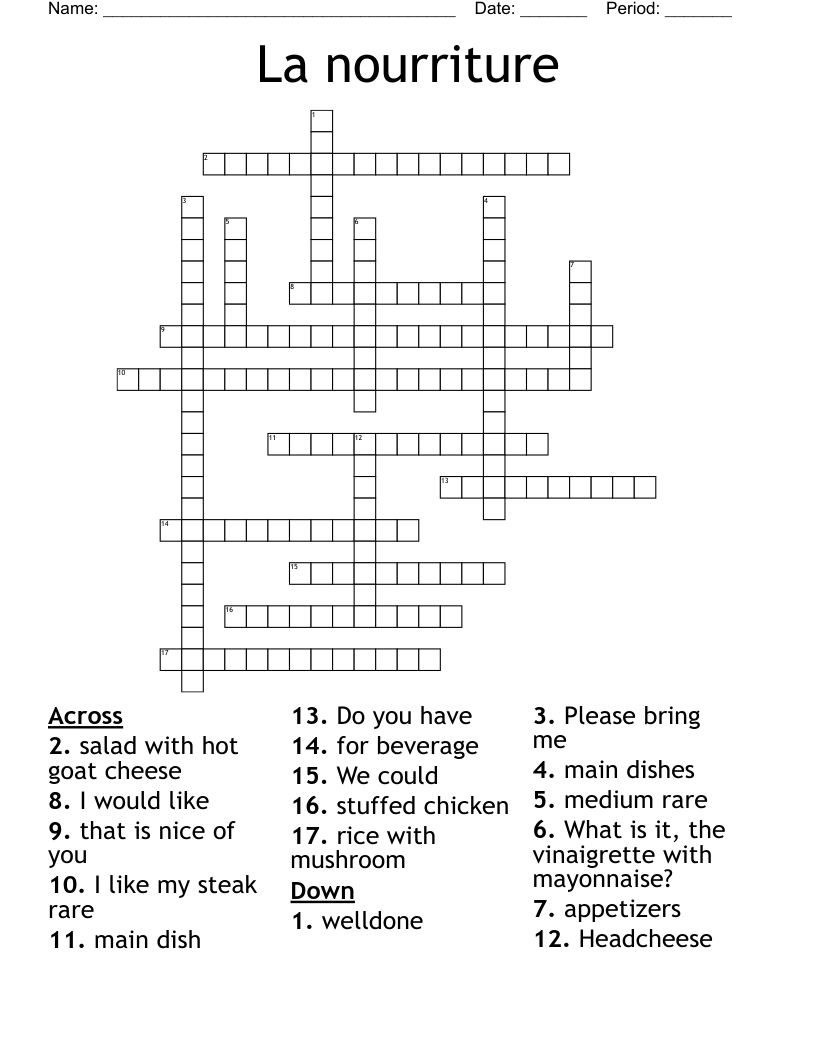La nourriture Crossword