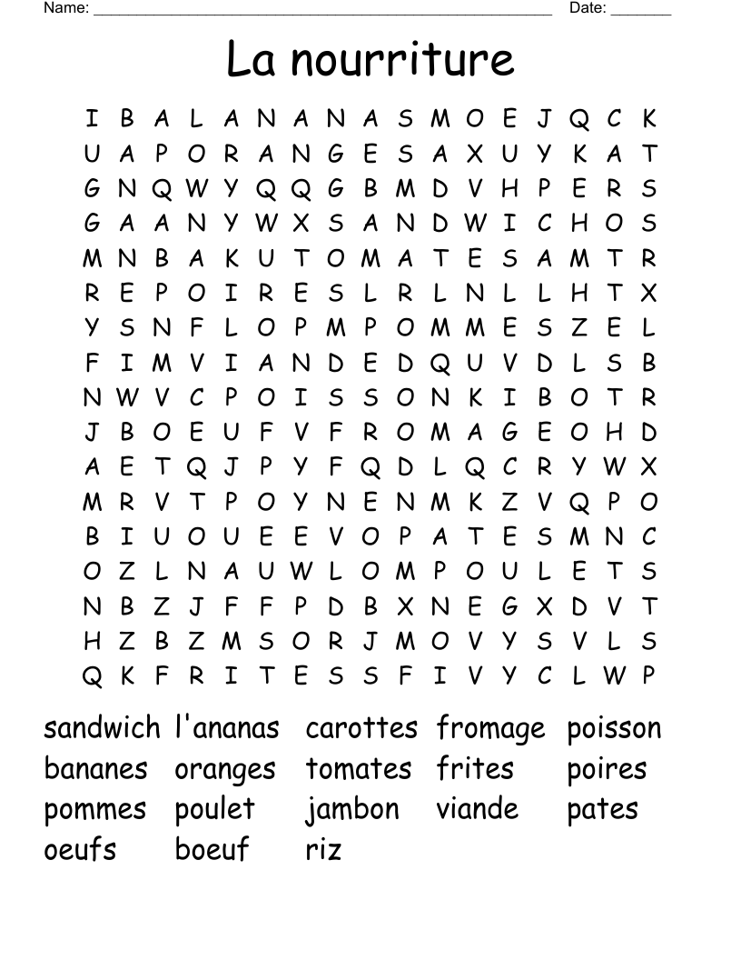 La nourriture Word Search