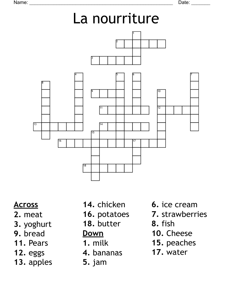 La nourriture Crossword