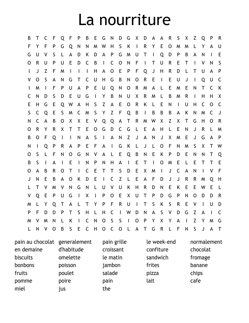 La nourriture Word Search
