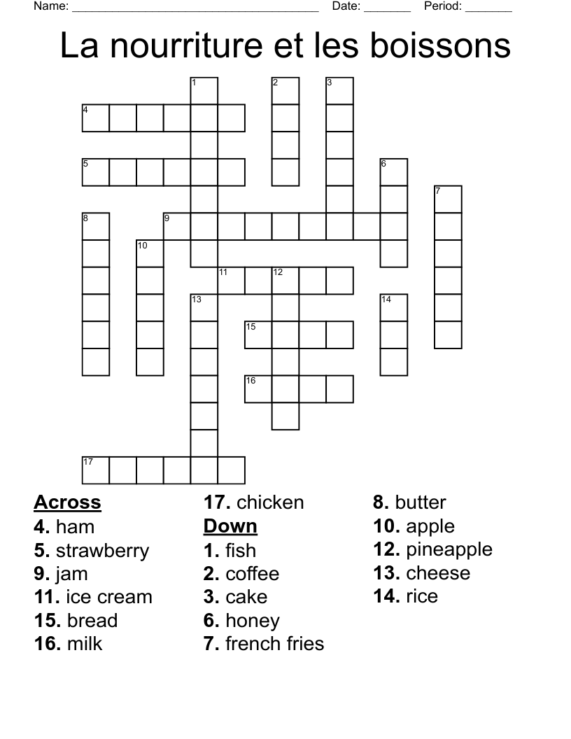 La nourriture et les boissons Crossword