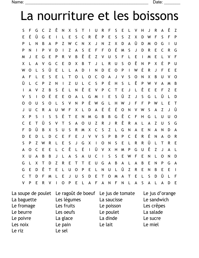 La nourriture et les boissons Word Search